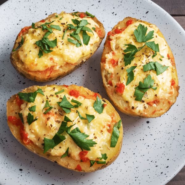 Three cheesy twice-baked potatoes, topped with red peppers and fresh parsley, on a speckled white plate.